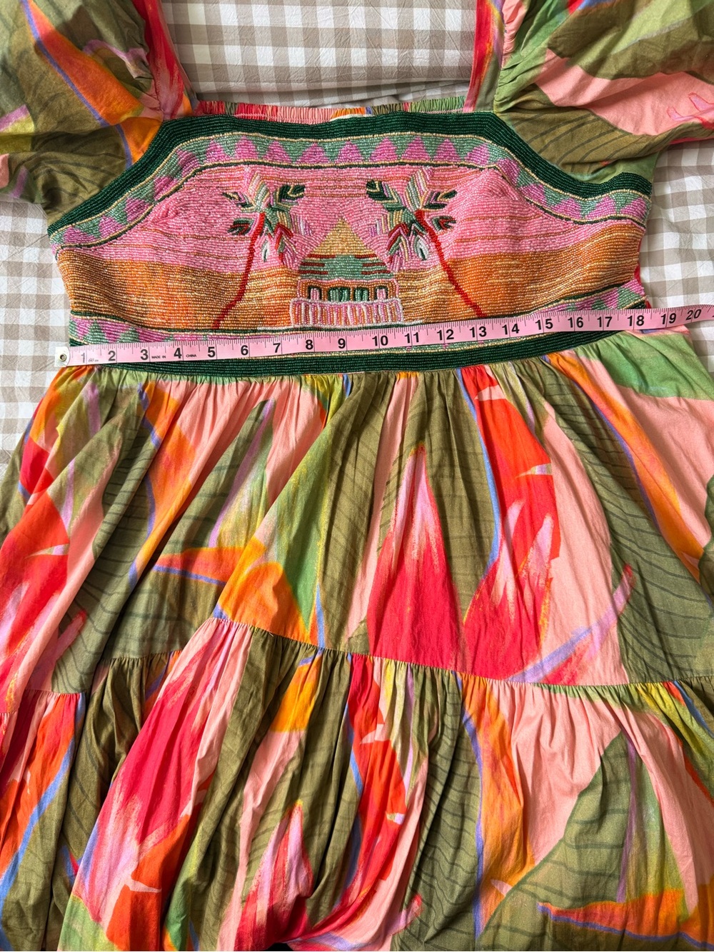 FARM Rio Multicolor Puff-Sleeve Midi Dress — Pink, Green, Orange - Picture 6 of 6